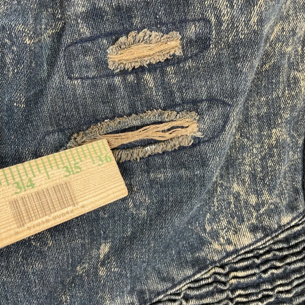 Stitches & Rivets Moto Biker Jeans Mens 32x32 Blue Acid Wash Distressed Slim Fit